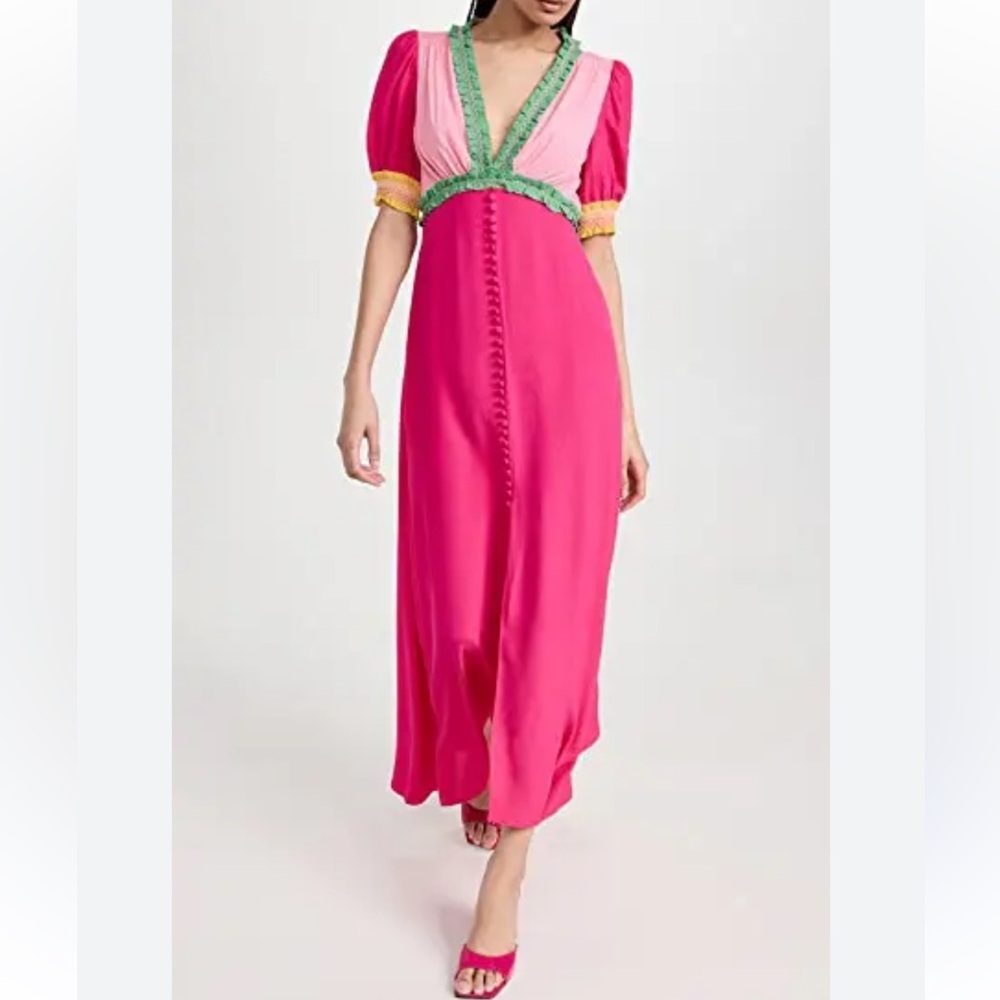 SALONI NWT SZ 0 The Flamingo, Pink and Green Puff Sleeve midi dress